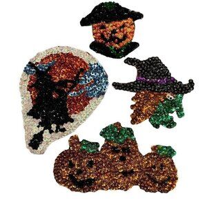 4 Vtg Homemade Halloween Frig Magnets Witches Pumpkins EUC Sequins Beads
